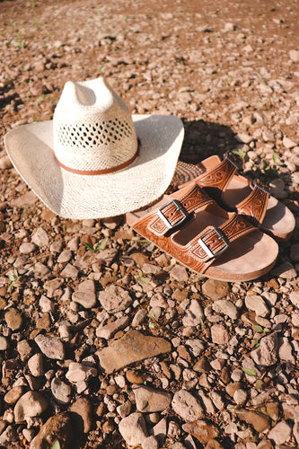Brown Tooled Leather Sandals