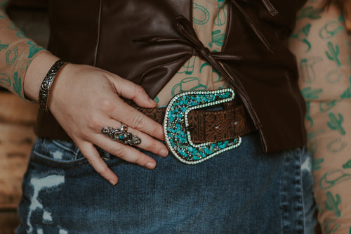 Hand Tooled Leather Aztec Belt