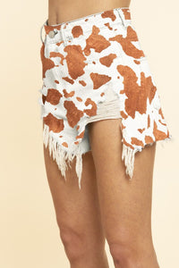 Brown Cow Print Denim Shorts