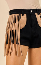 Load image into Gallery viewer, Black Denim Shorts with Suede Fringe