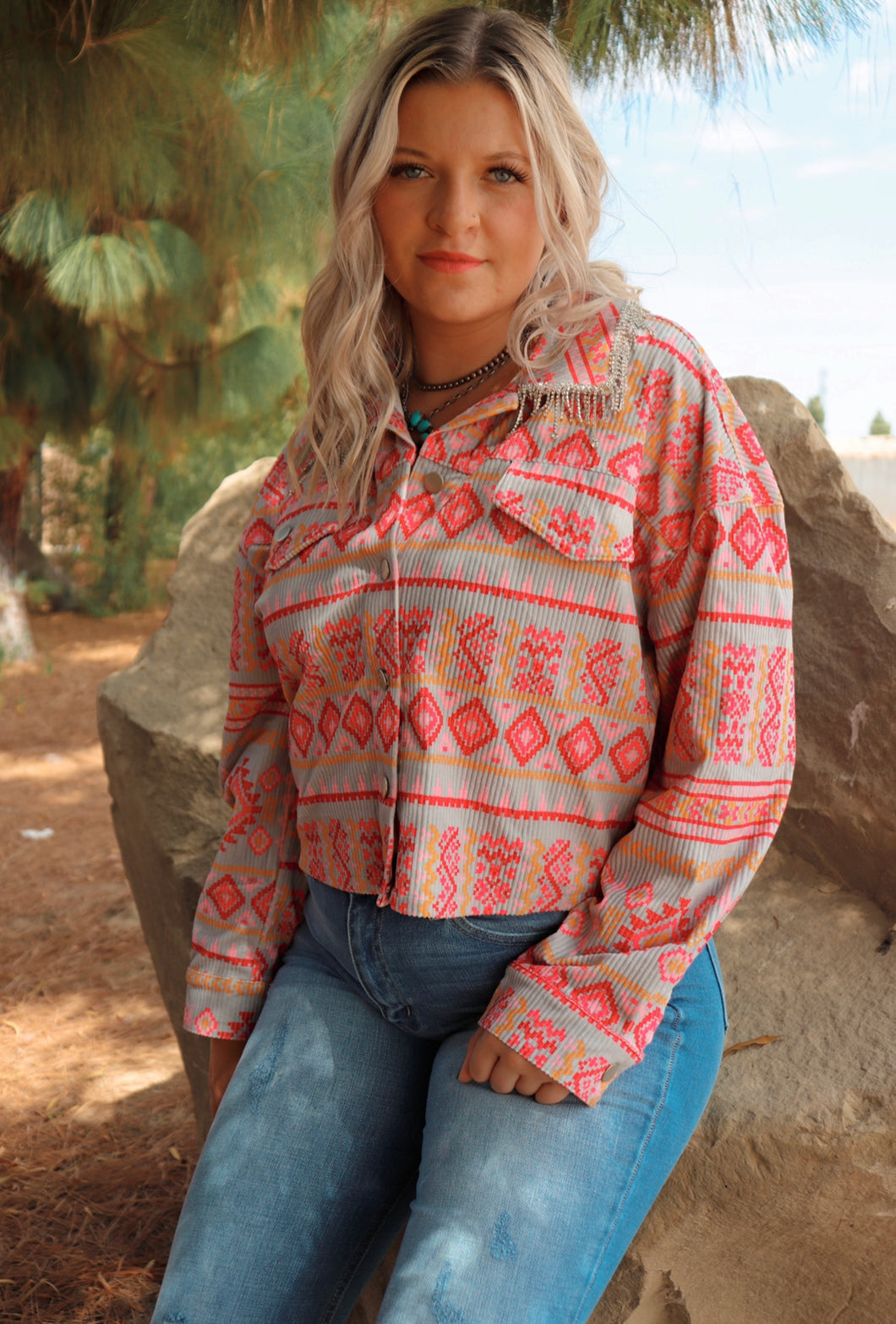 Pink Aztec Jacket with Rhinestone